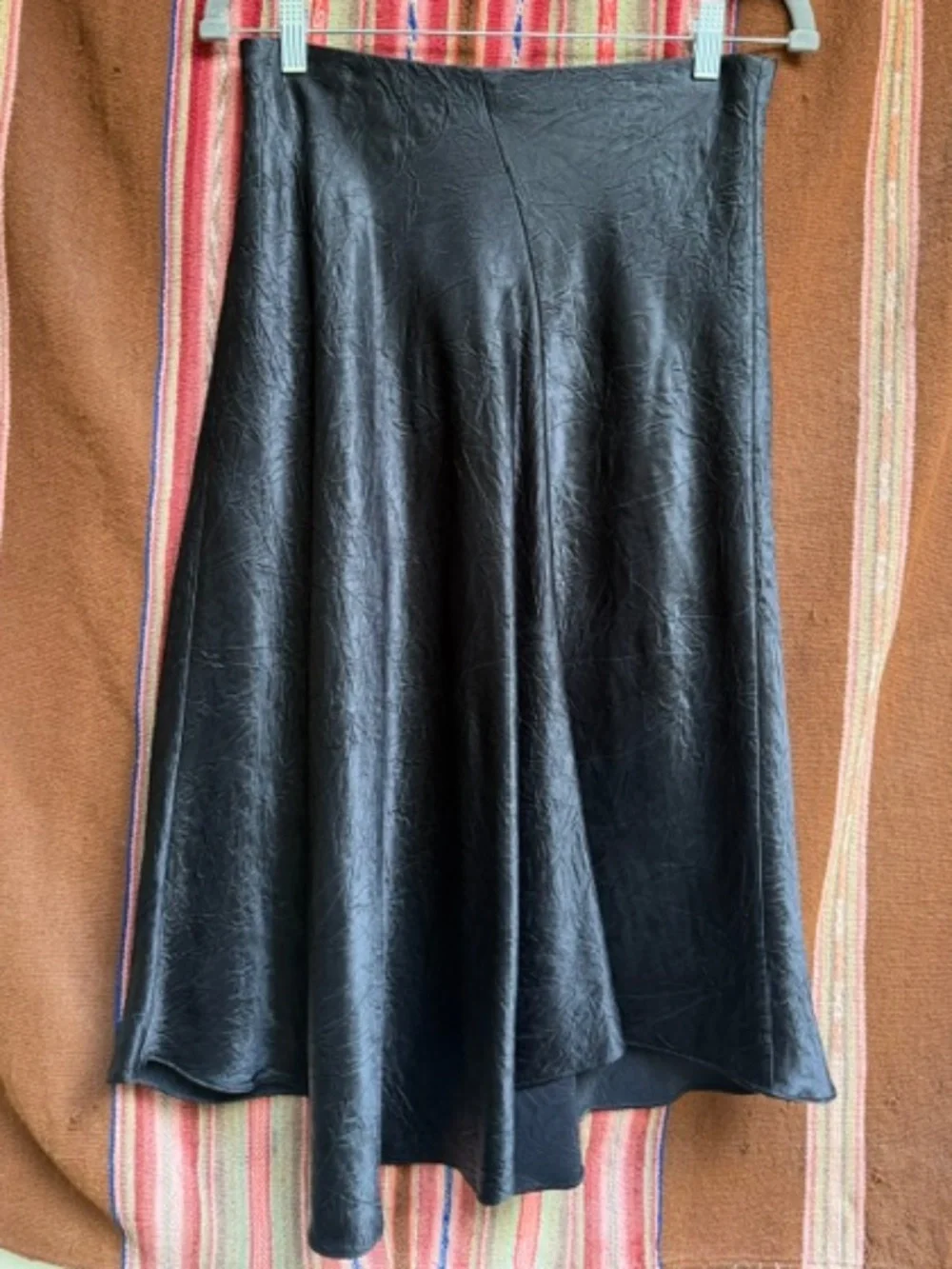 VINCE BLACK SATIN ASYMMETRICAL BIAS MIDI SKIRT - SIZE S